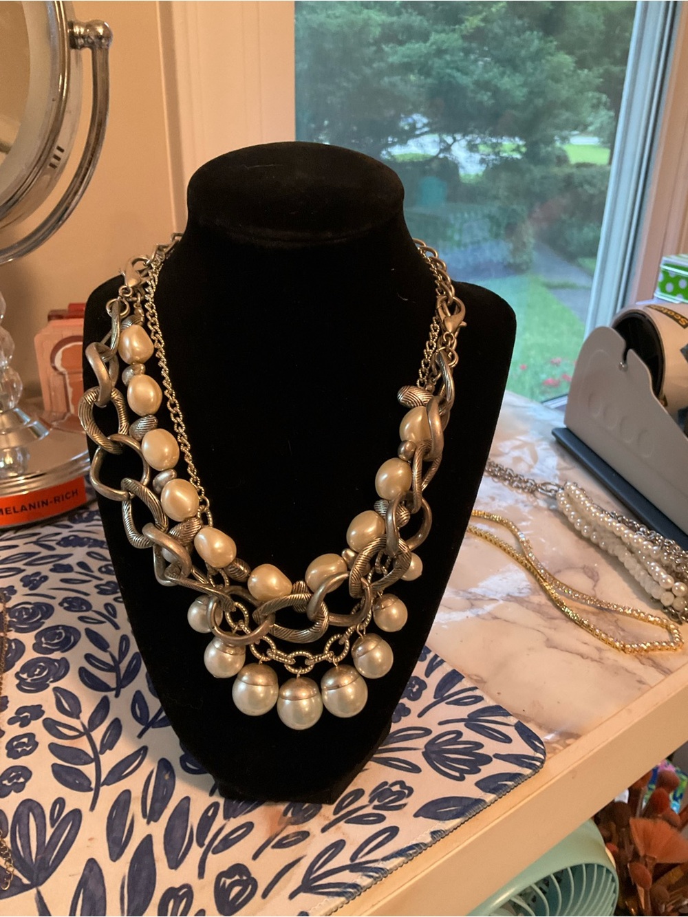 Women's Multi-Chain Pearl Statement Necklace - Silver Tone